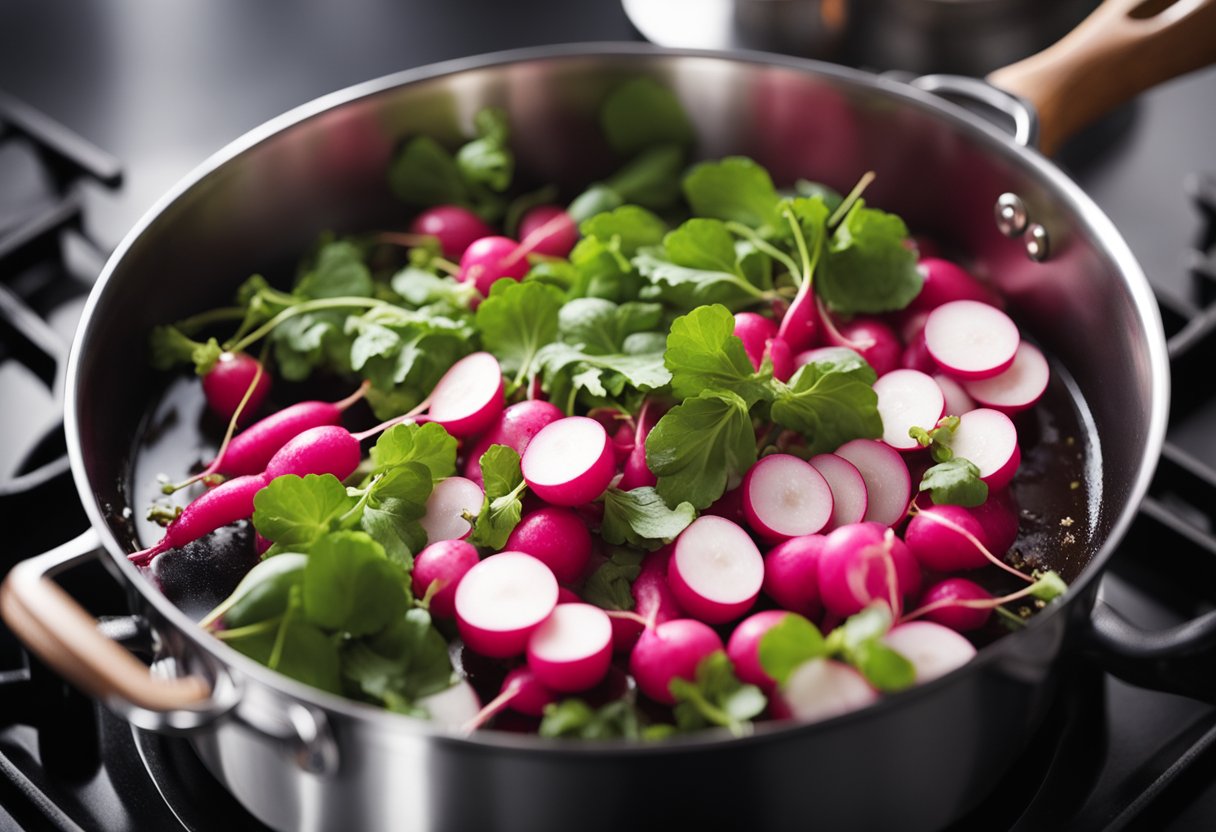 A large pot simmers on the stove, filled with a fragrant mixture of vinegar, sugar, and spices. Nearby, a pile of fresh radishes awaits their transformation into tangy pickled delights