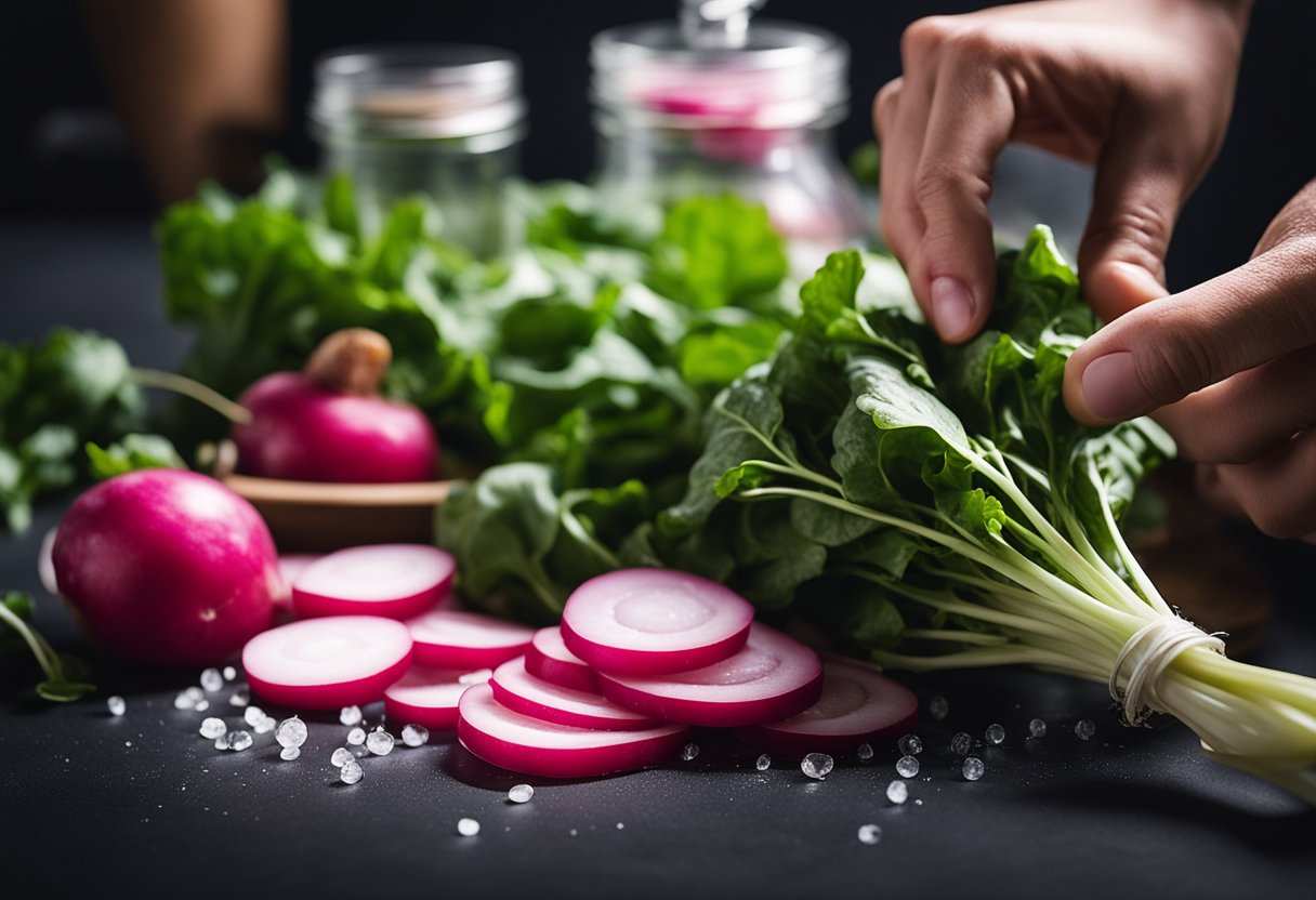 Radishes being sliced and mixed with salt and sugar. Placed in jars with vinegar and sealed for pickling. Stored in a cool, dark place for several days