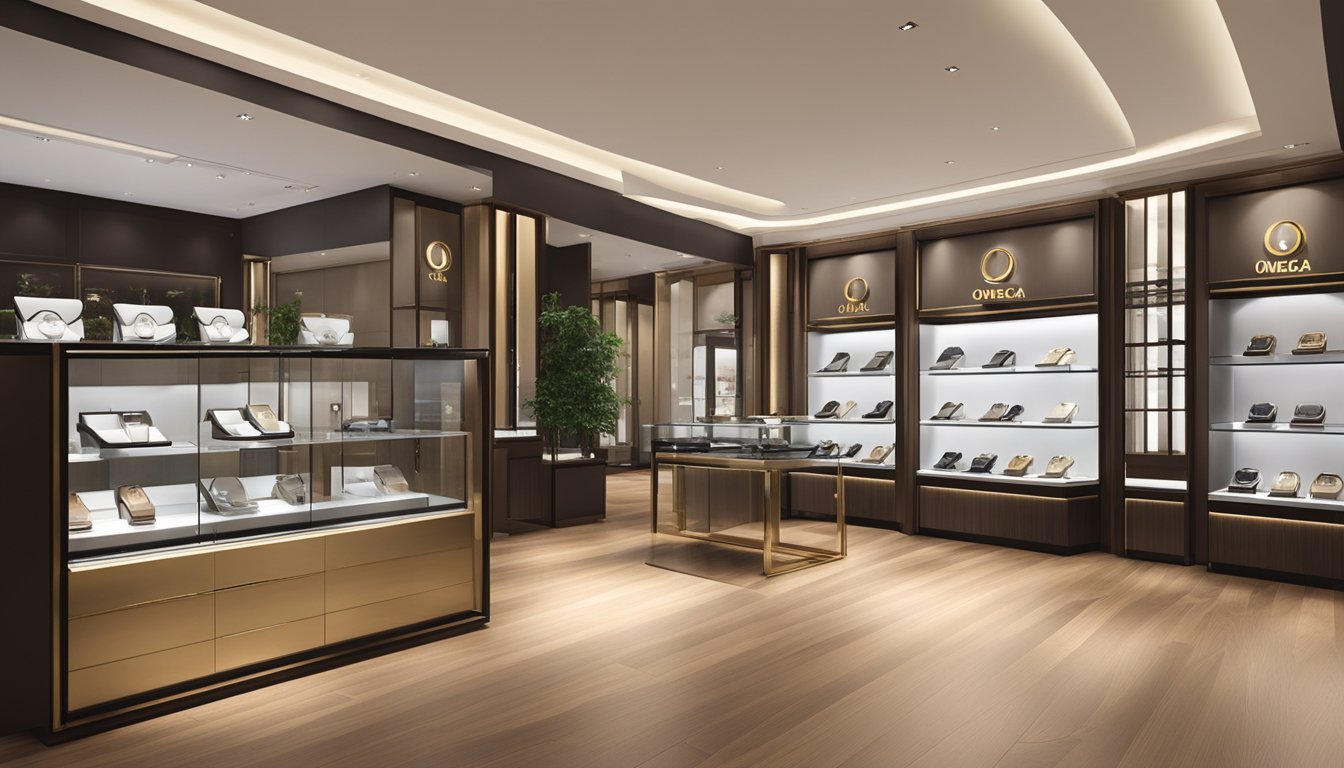 A luxurious watch store in Singapore showcases Omega timepieces in elegant display cases. The store is well-lit and exudes an air of sophistication, with polished wooden floors and modern décor