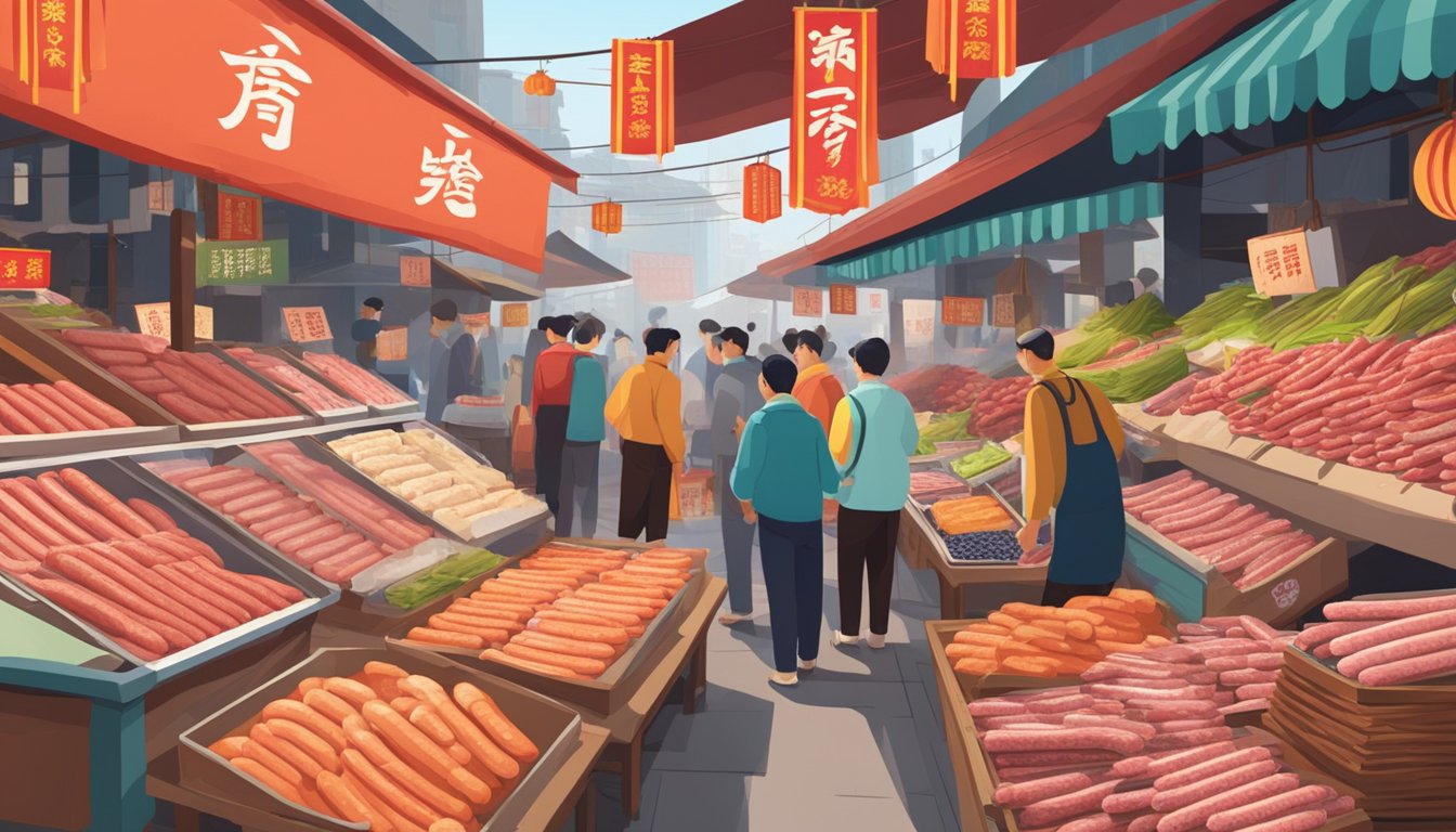 A bustling market stall displays an array of Chinese sausages, neatly arranged in rows, with colorful signage advertising their quality and origin