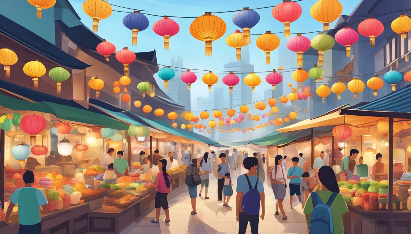 A bustling marketplace in Singapore, with colorful lanterns hanging from awnings and vendors selling various styles of lanterns