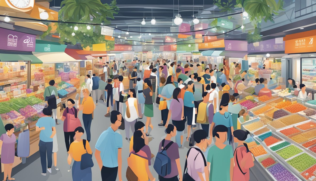 A bustling Singapore market with colorful omega products on display, surrounded by curious shoppers seeking information