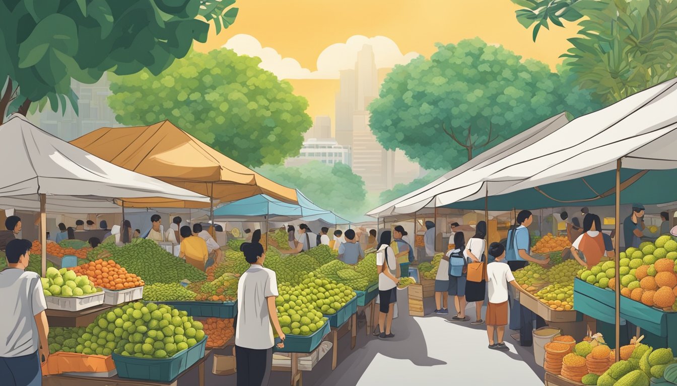A bustling marketplace in Singapore, with colorful stalls selling soursop trees. Customers inspect the healthy, vibrant plants, while vendors eagerly promote their wares