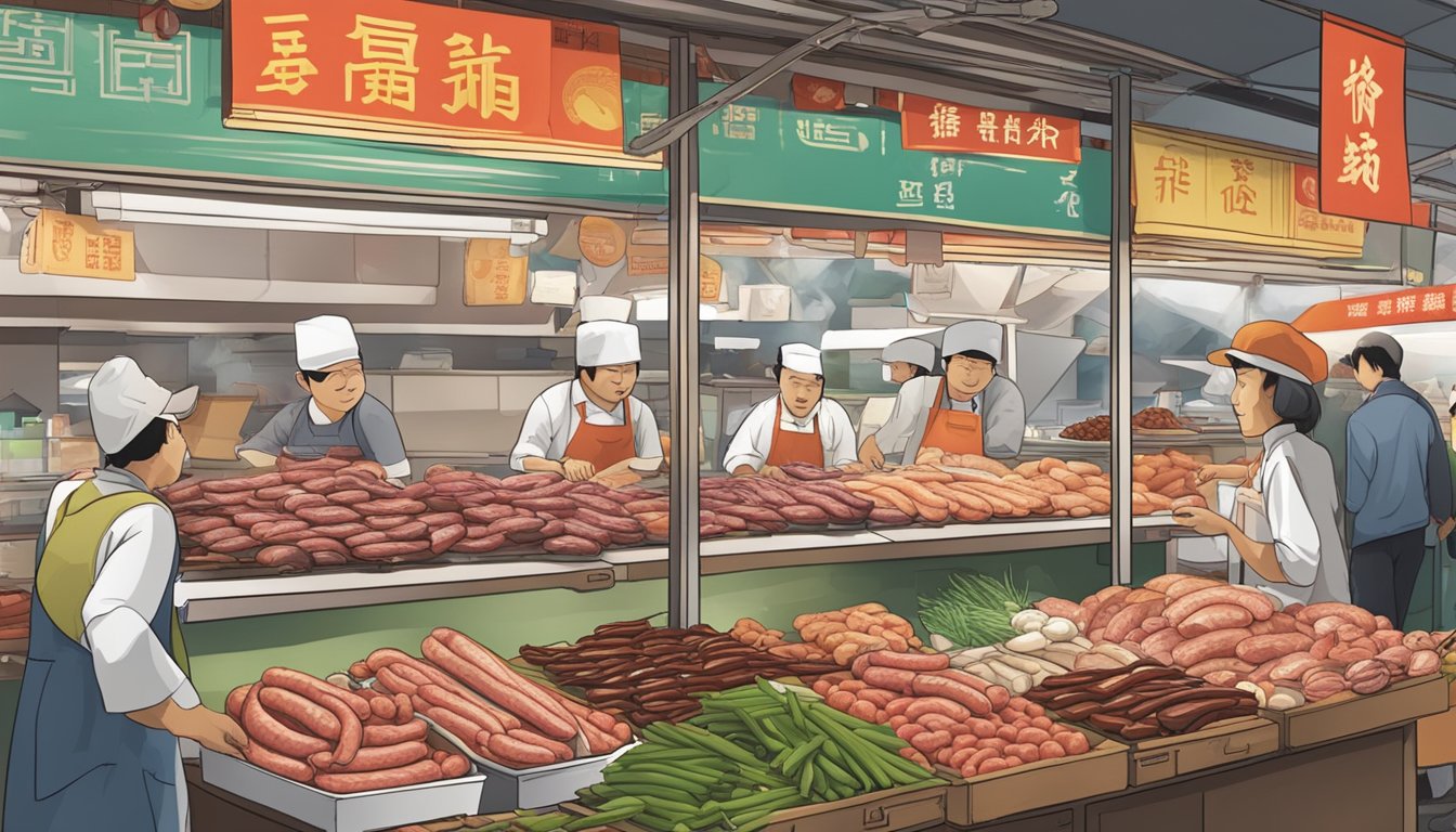 A bustling Singapore market stall showcases a variety of Chinese sausages, with vendors enthusiastically promoting their high-quality products