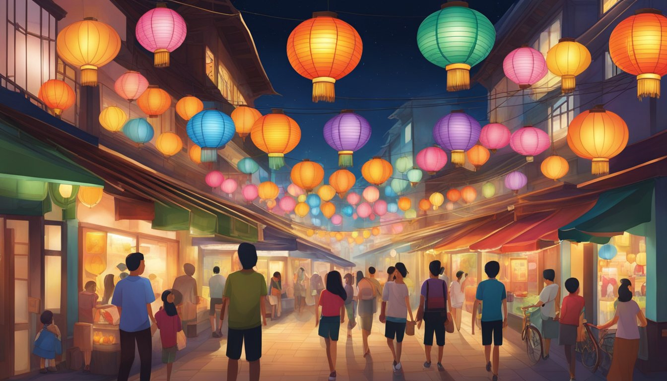 Colorful lanterns hang from the ceilings and walls of the bustling shops in Singapore. The glow of the lanterns illuminates the space, creating a vibrant and lively atmosphere