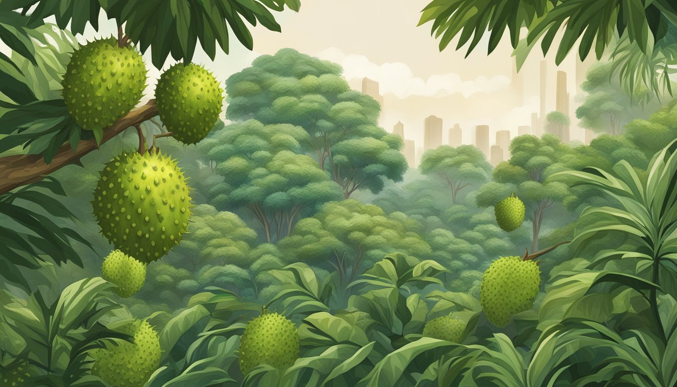 A lush Singaporean garden reveals vibrant soursop trees with large, spiky green fruits hanging from their branches