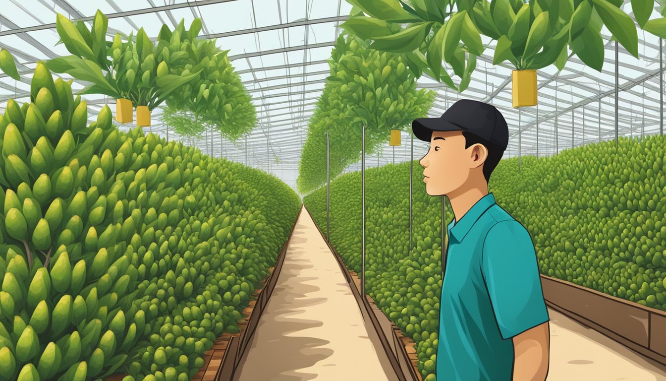 A customer browsing through rows of soursop trees at a plant nursery in Singapore, looking for the perfect tree to purchase