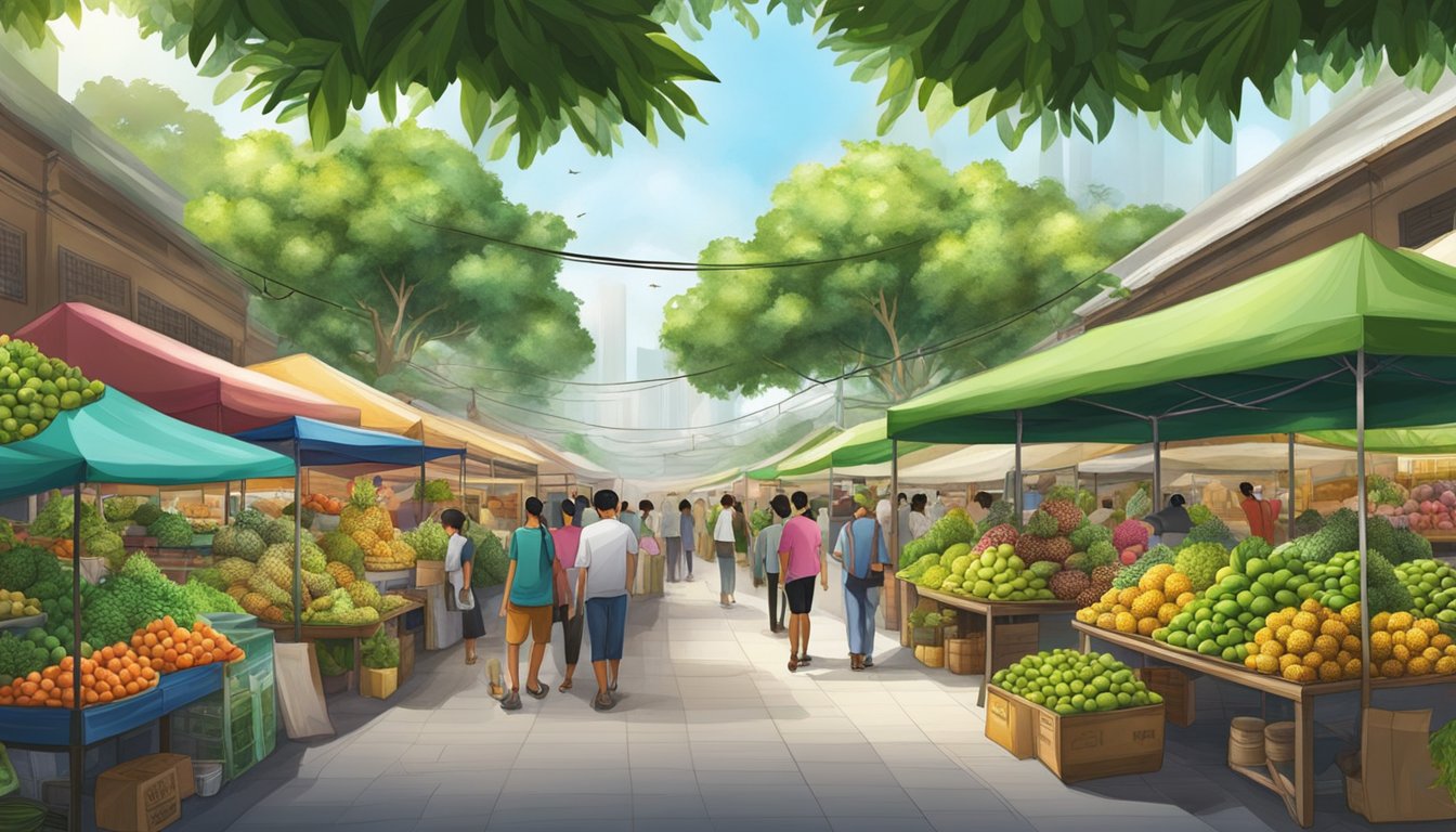 A vibrant marketplace with various plant vendors, showcasing lush soursop trees in Singapore