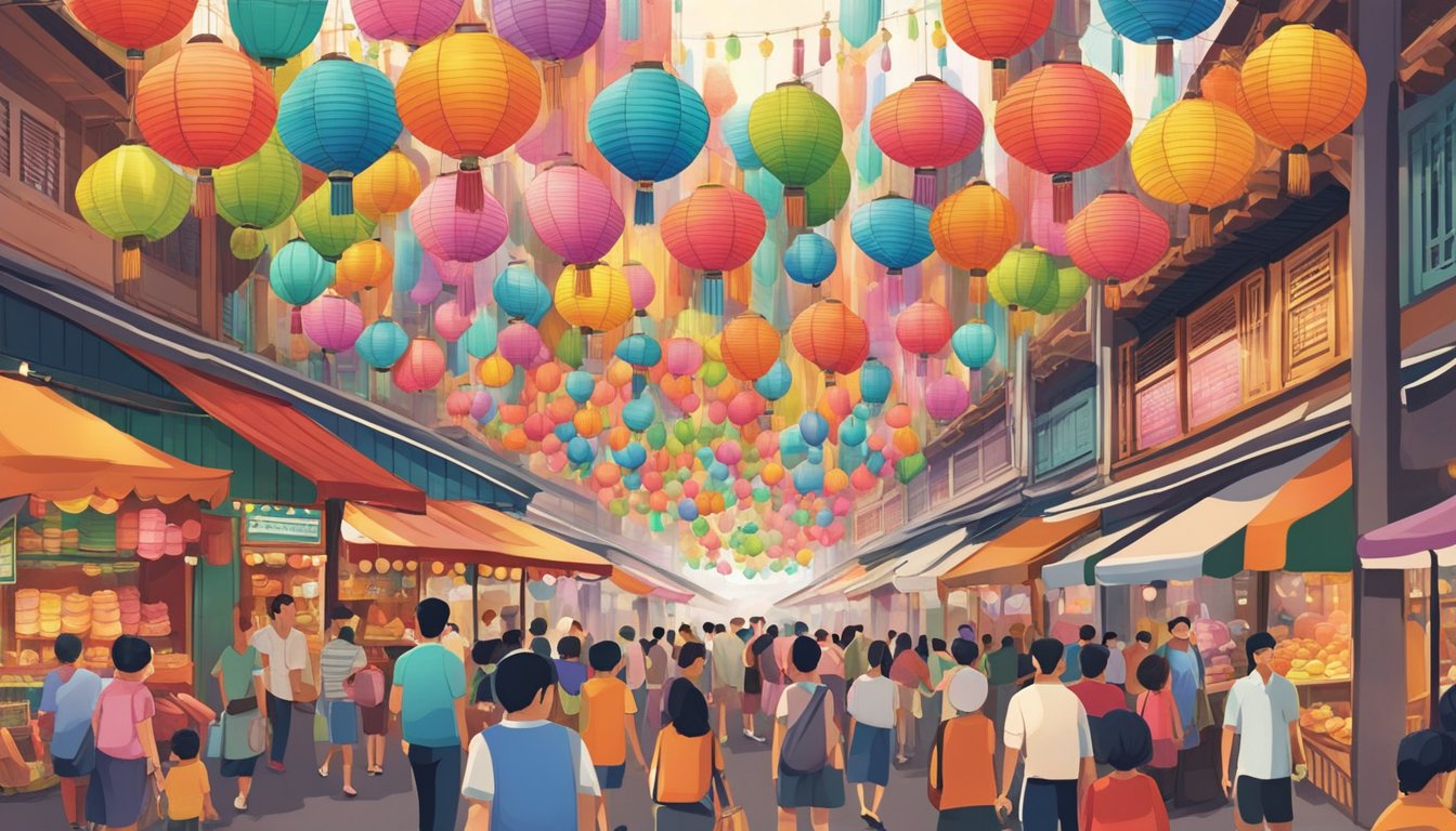 People gather in a bustling market in Singapore, buying colorful lanterns to celebrate a festival. Lanterns of all shapes and sizes hang from stalls, creating a vibrant and lively atmosphere