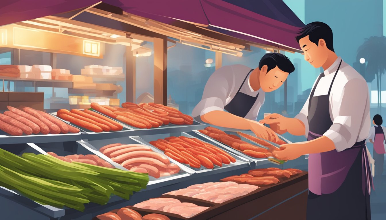 A bustling Singapore market stall sells fresh, savory Chinese sausages. A chef selects the perfect links for a culinary exploration in cooking and pairing