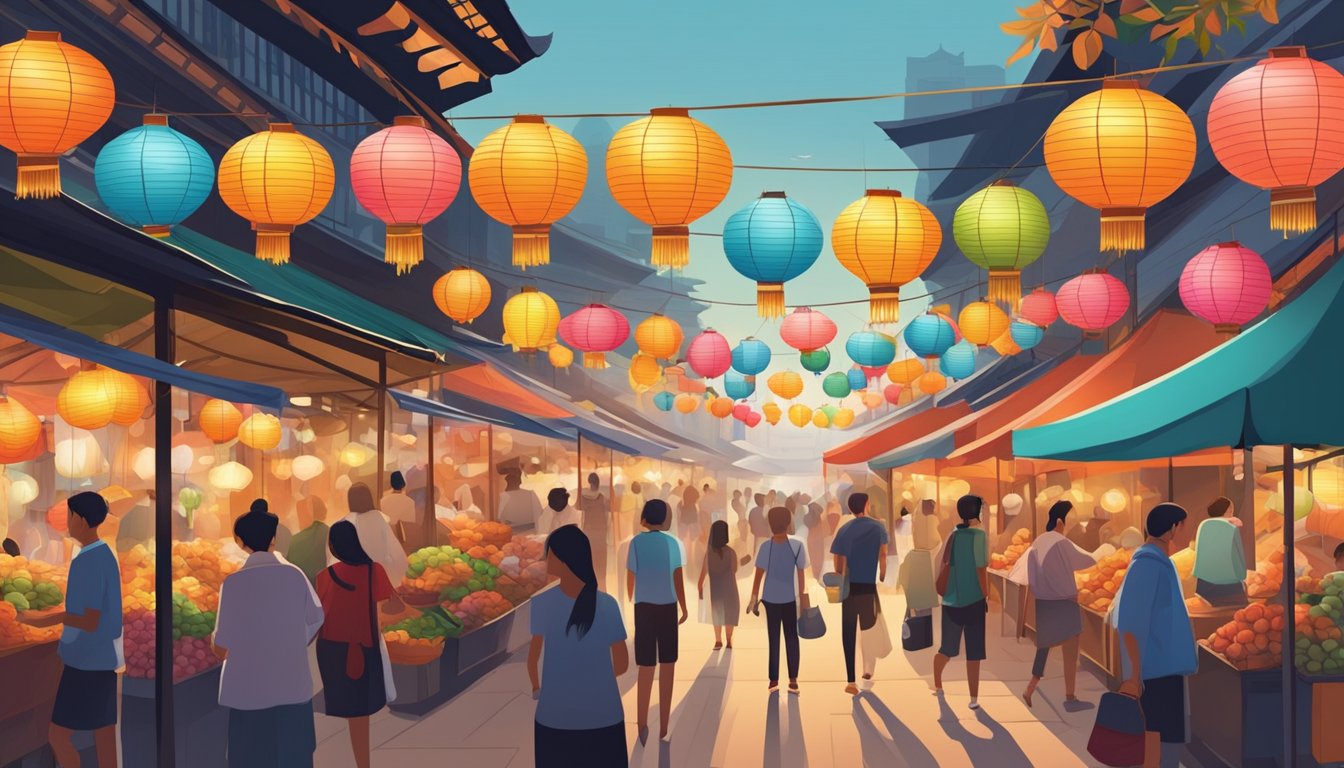 A bustling marketplace with various vendors selling lanterns in Singapore. Brightly colored lanterns hang from awnings, catching the attention of passersby
