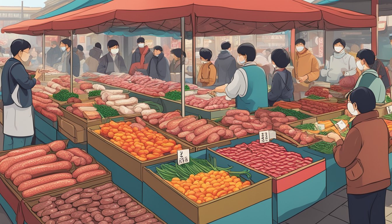 A busy market stall with colorful displays of Chinese sausages, customers asking vendors for recommendations, and signs indicating the origin and quality of the products