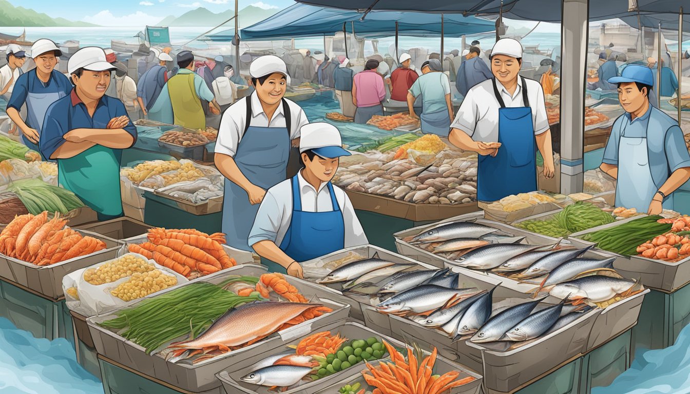 The bustling seafood markets in Singapore showcase a vibrant array of fresh catches from the sea, displayed on ice and ready for purchase