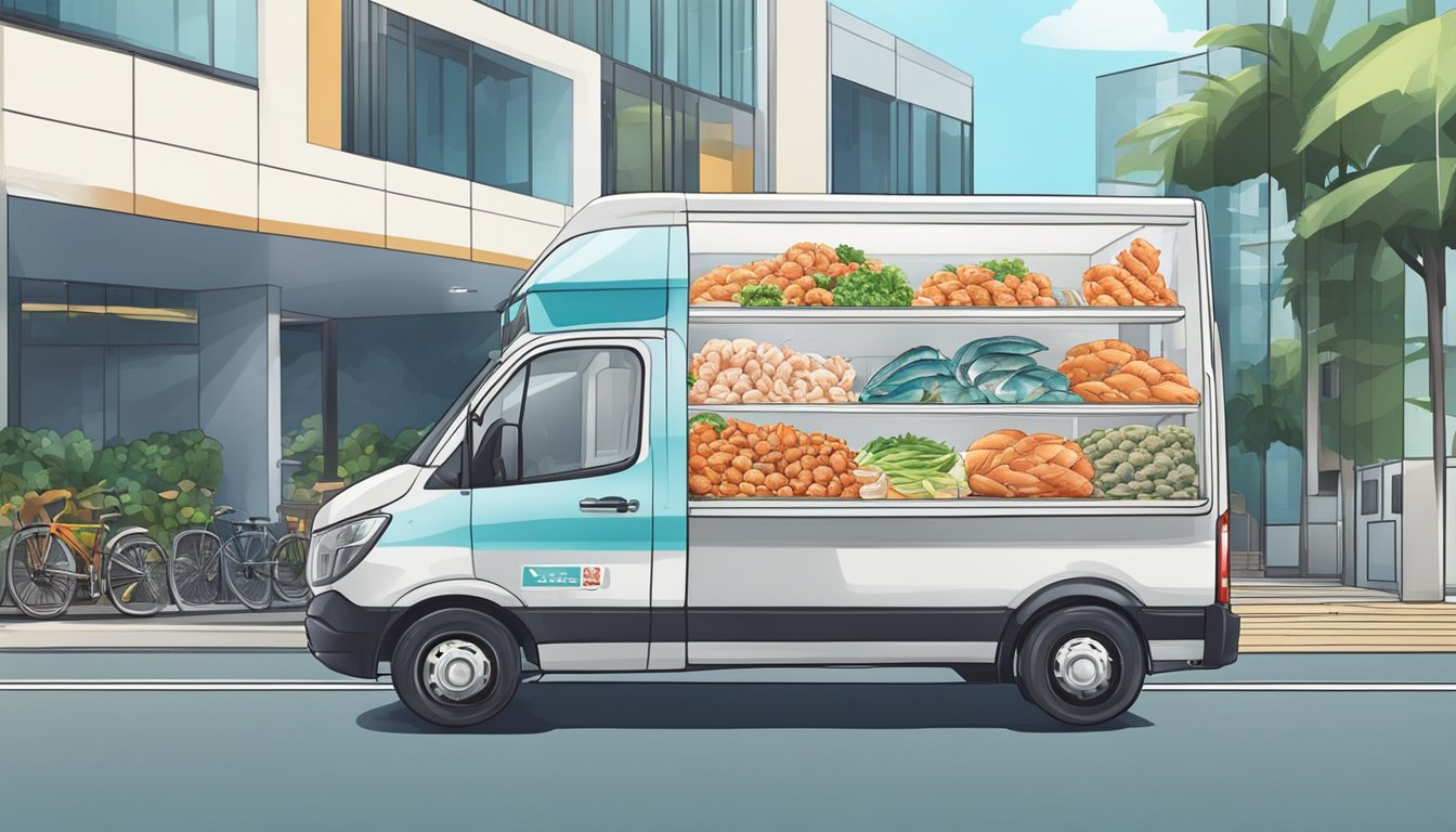 A seafood delivery van parked outside a modern building in Singapore, with a delivery person unloading fresh seafood boxes
