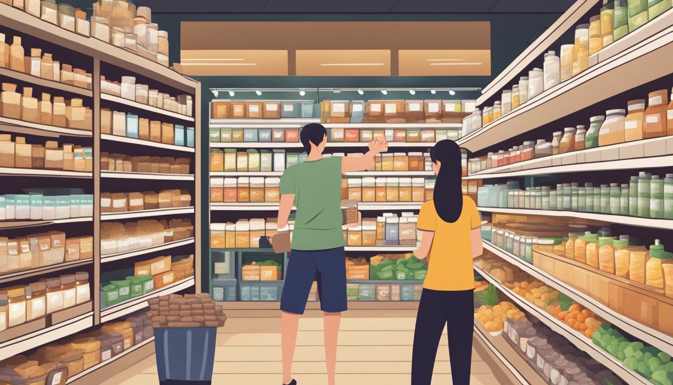 A bustling health food store in Singapore, shelves stocked with psyllium husk powder. Customers browsing and purchasing the product