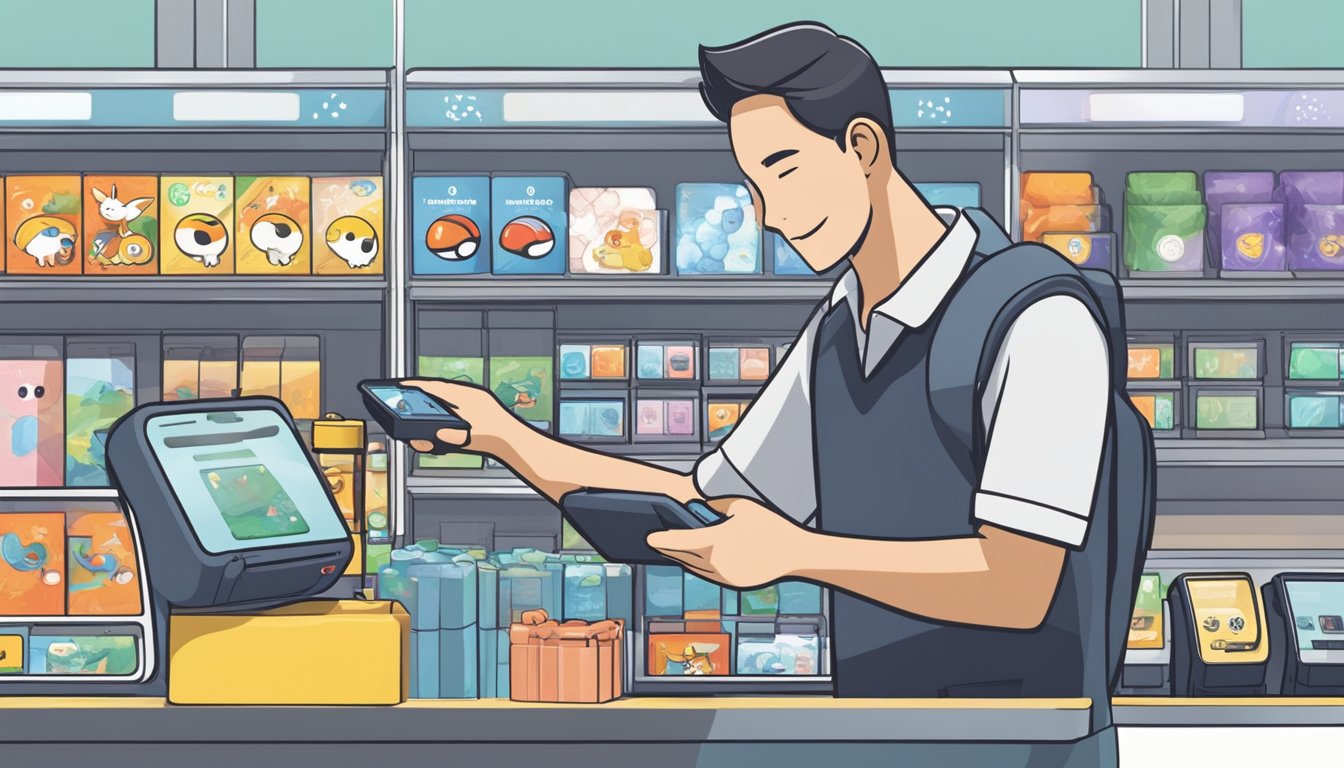 A customer selects Pokefi device from a display at a Singaporean store. An employee scans the product at the checkout counter
