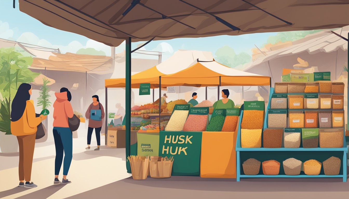 A bustling market stall displays various brands of psyllium husk powder in vibrant packaging, with prices clearly marked. Customers chat with the friendly vendor as they make their purchases
