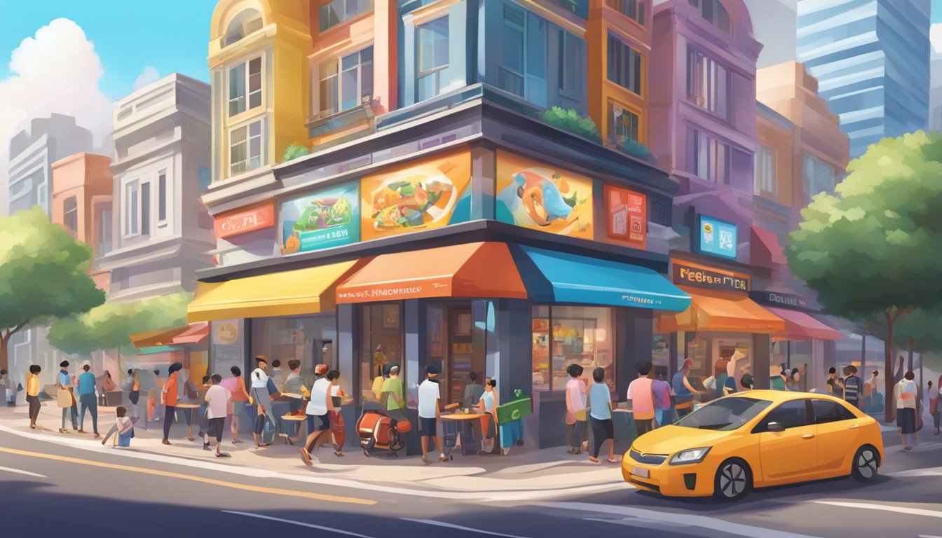 A colorful cityscape with a prominent Pokefi Singapore storefront, bustling with people enjoying their Pokefi experience. Vibrant signage and a modern, inviting atmosphere