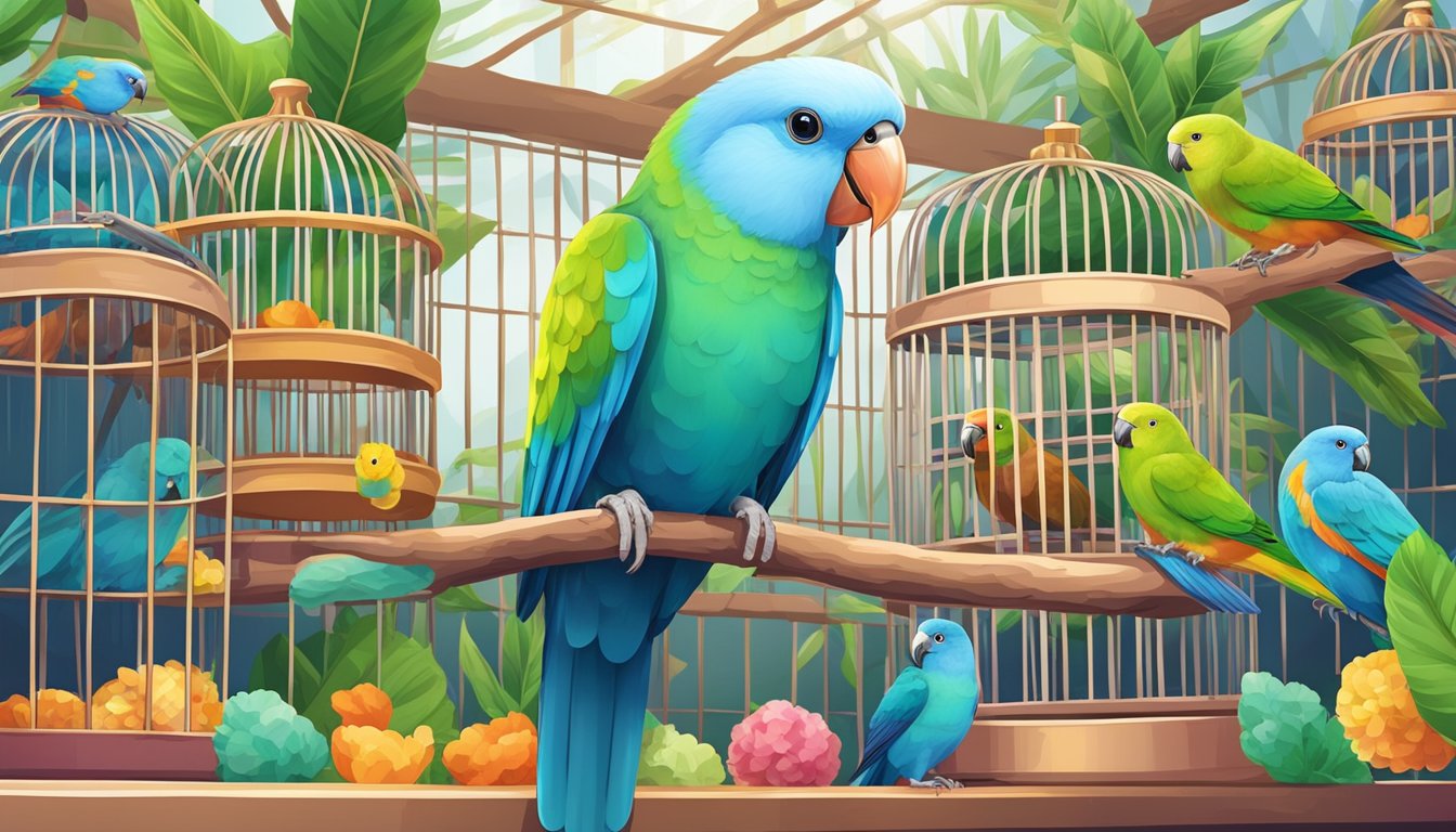 A colorful parrotlet perches on a branch, surrounded by various cages and bird accessories in a vibrant pet store in Singapore