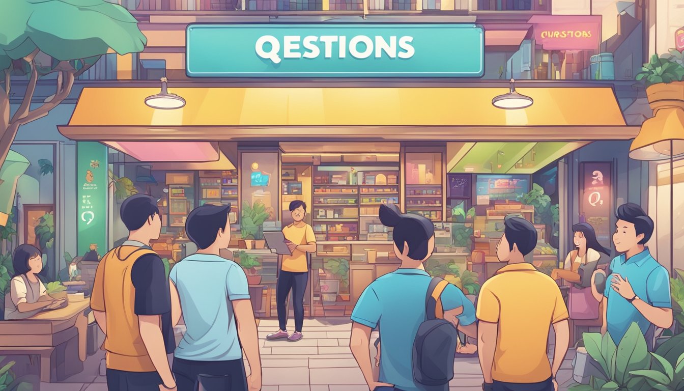 A colorful sign with "Frequently Asked Questions" and the logo of Pokefi Singapore, surrounded by curious customers and a helpful staff member