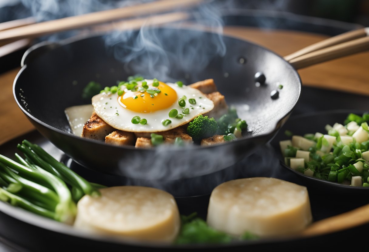 A wok sizzles as tofu and eggs are stir-fried with soy sauce and green onions. Steam rises from the savory Chinese dish