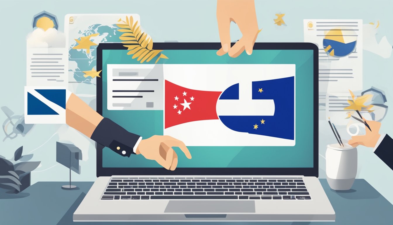 A hand reaching for a SSL certificate with the Singapore flag in the background