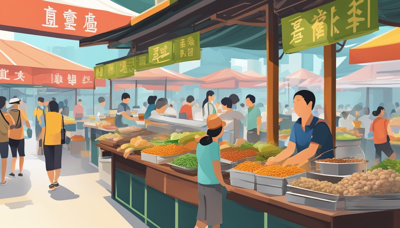A bustling hawker center in Singapore, with colorful stalls selling various street food. A vendor's stand prominently displays "muah chee" in Chinese characters