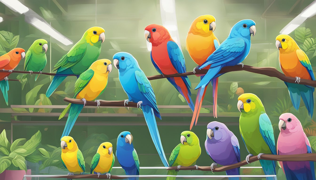 A pet store display showcases colorful parrotlets in Singapore