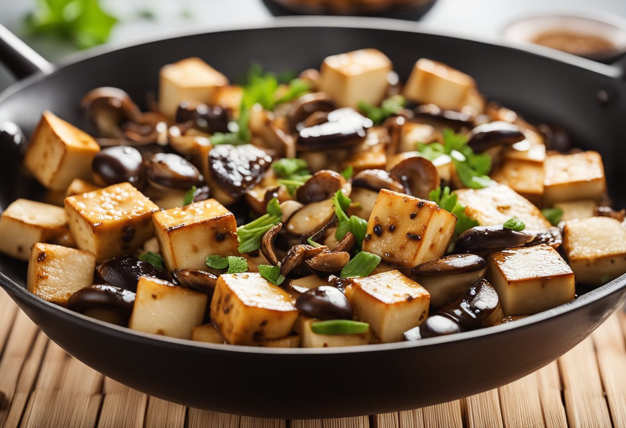 Sizzling tofu and mushrooms in a wok with Chinese spices and sauces
