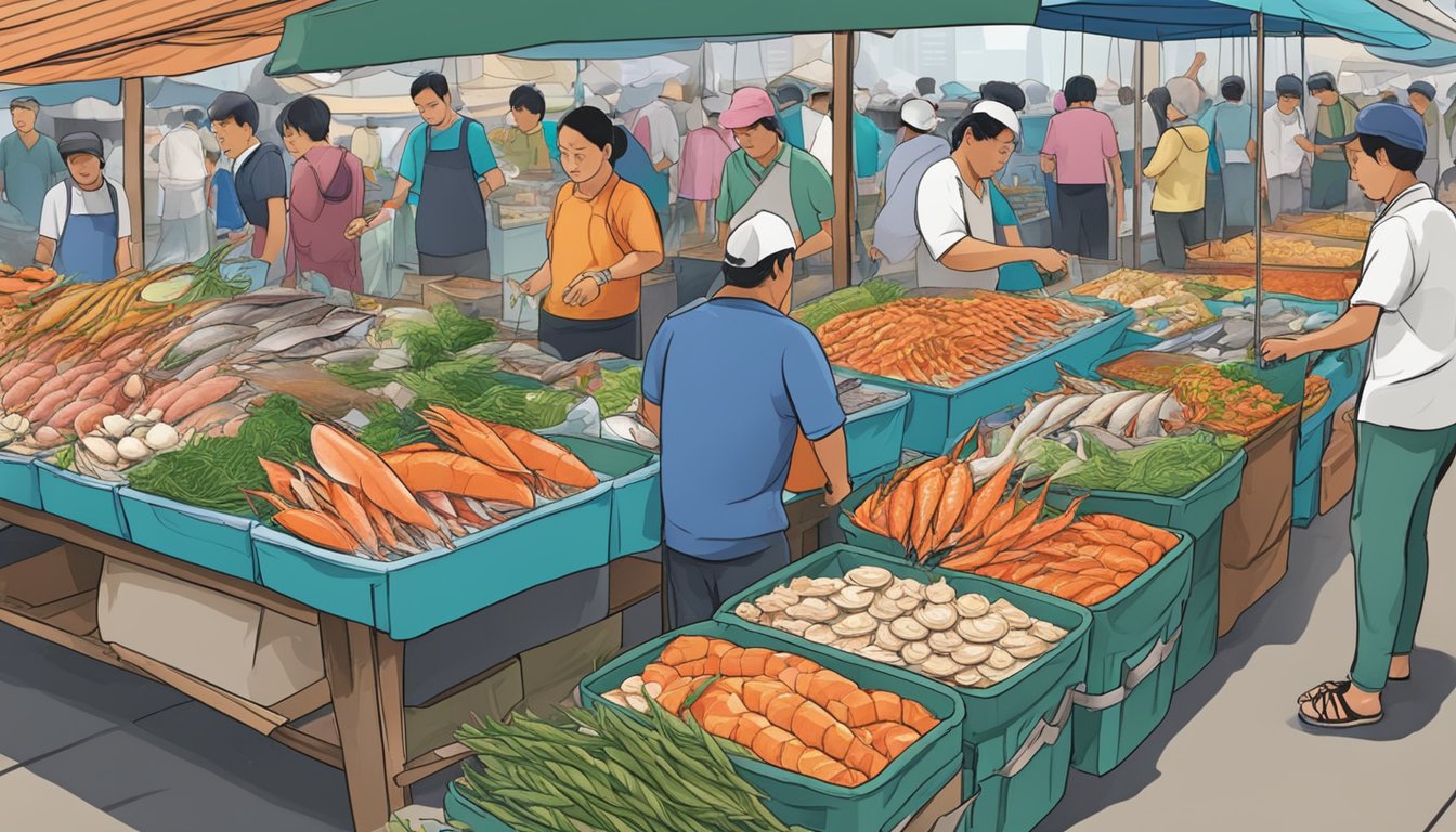 A bustling seafood market in Singapore, with colorful stalls and vendors selling fresh catches from the sea
