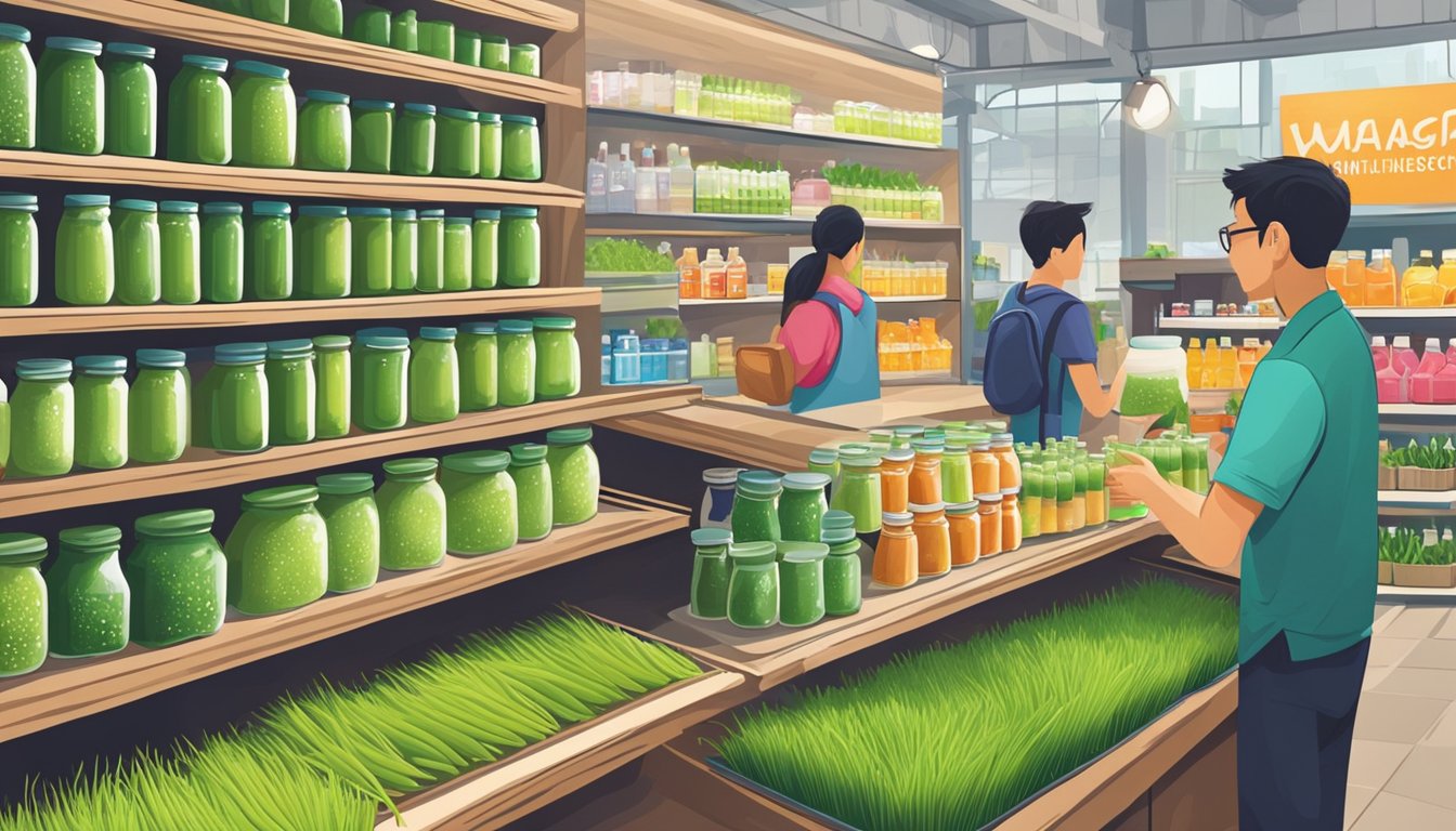 A bustling market stall sells fresh wheatgrass juice in Singapore. Brightly colored bottles line the shelves, while customers chat with the vendor