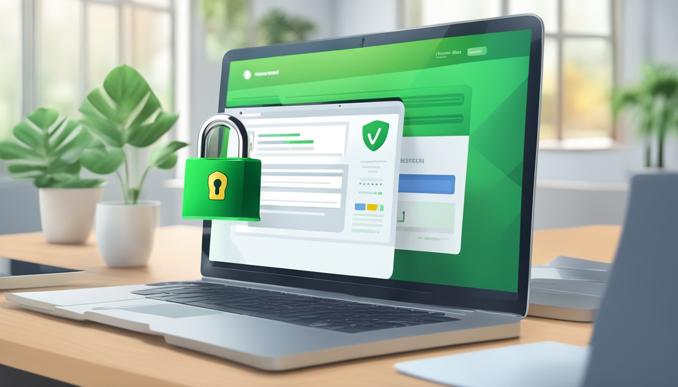 A computer screen displaying a secure website with a green padlock icon, while a seamless SSL certificate is being installed and managed in the background