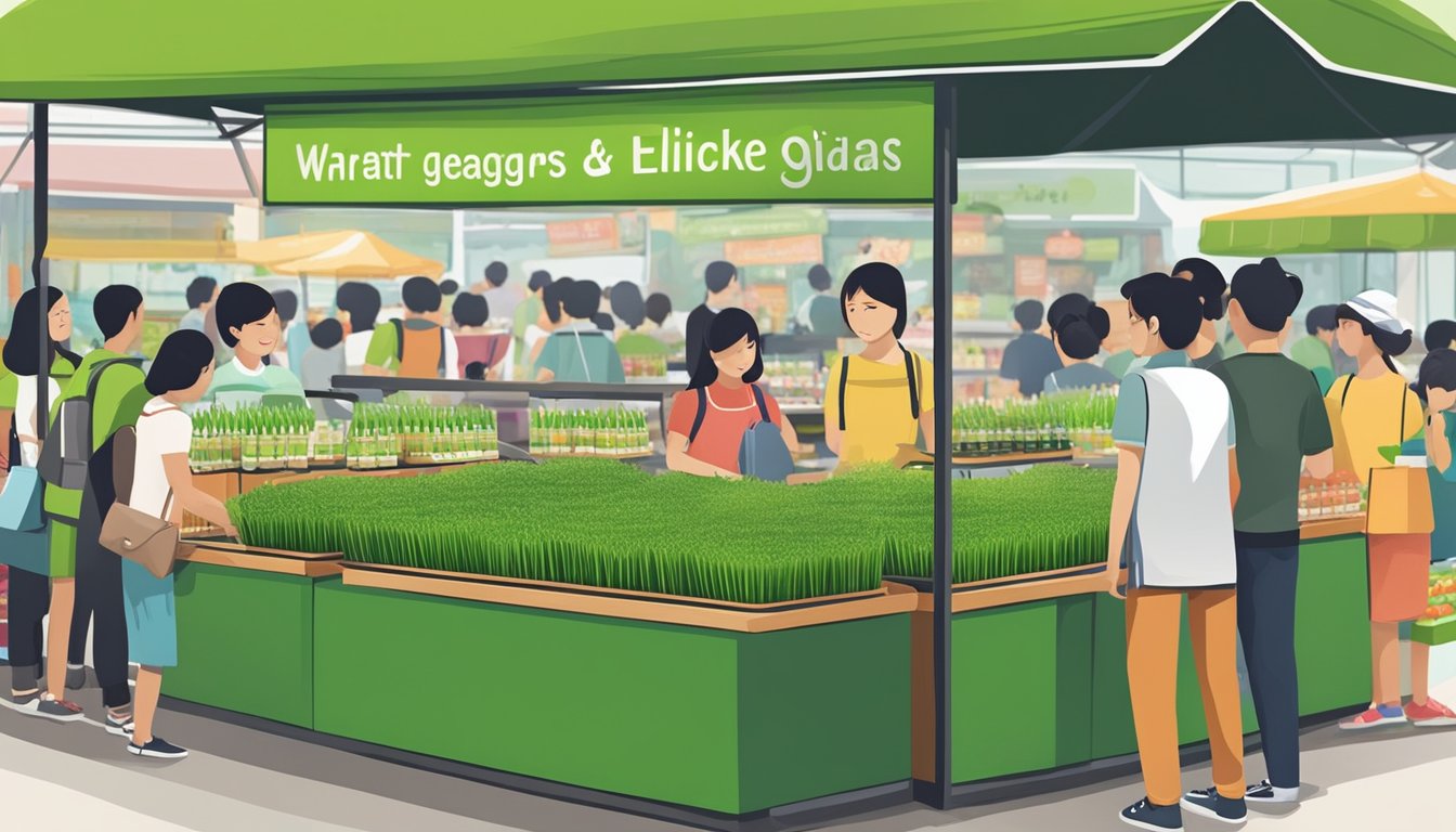 A bustling market stall displays fresh wheatgrass juice bottles in Singapore. Customers line up to purchase the vibrant green elixir