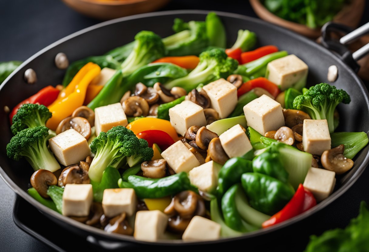 Tofu and mushrooms sizzling in a hot wok, surrounded by vibrant green bok choy and colorful bell peppers. Aromatic garlic and ginger fill the air