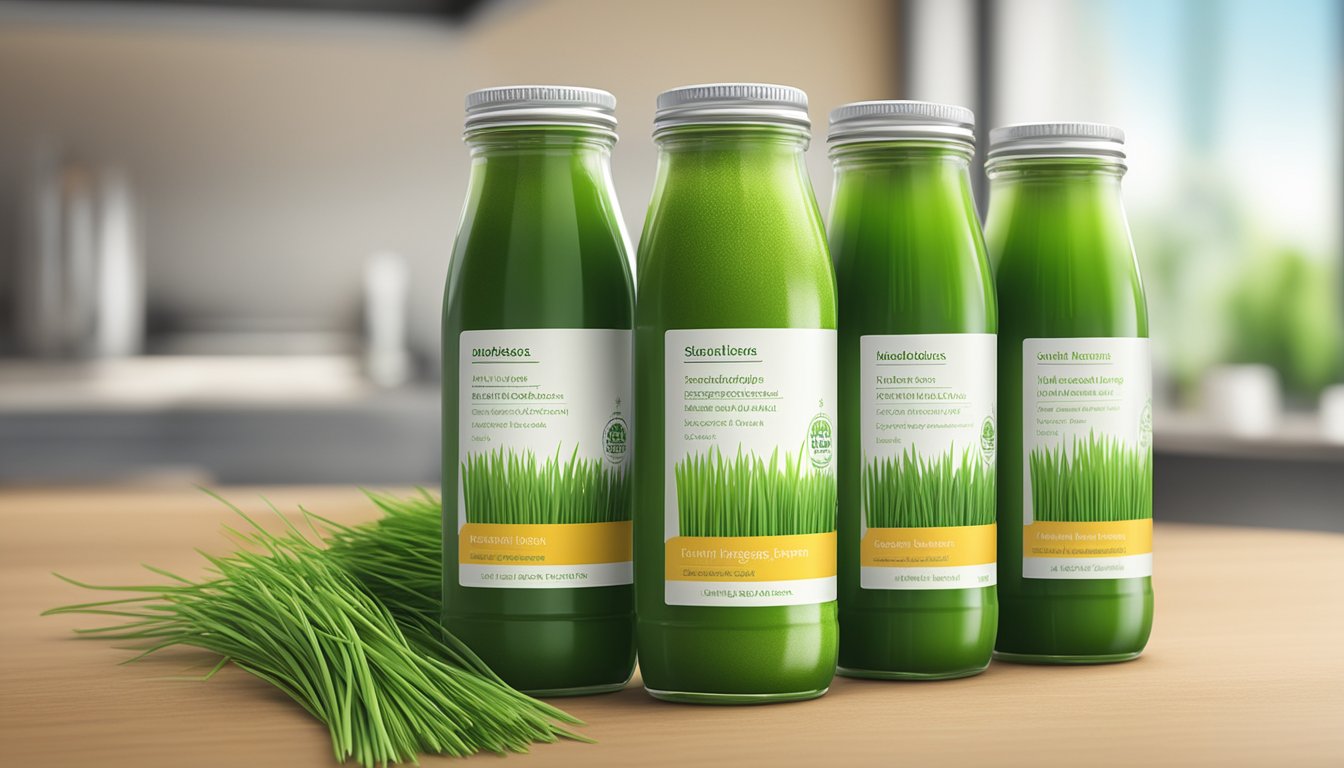 A vibrant display of fresh wheatgrass juice bottles with labels detailing health benefits and nutritional information, available for purchase in a modern Singaporean market