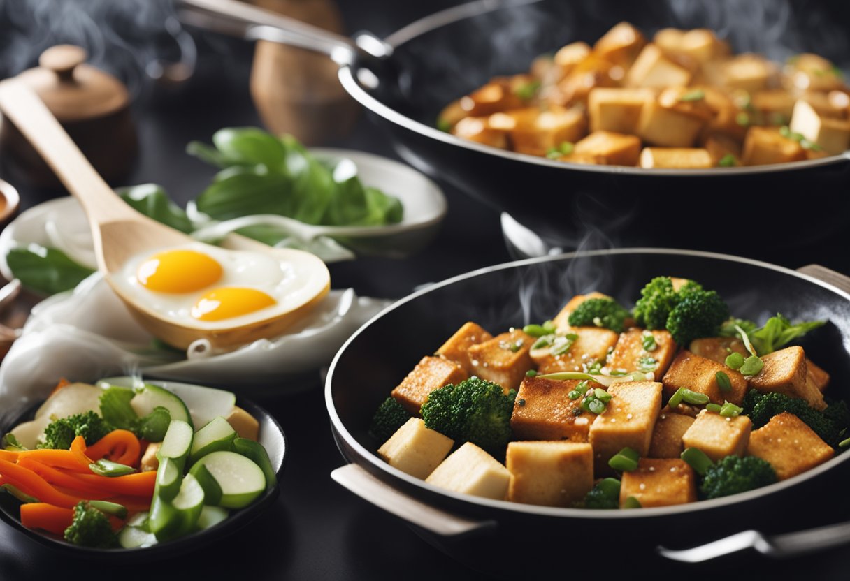 A wok sizzles as tofu and egg are stir-fried with Chinese spices, emitting a savory aroma