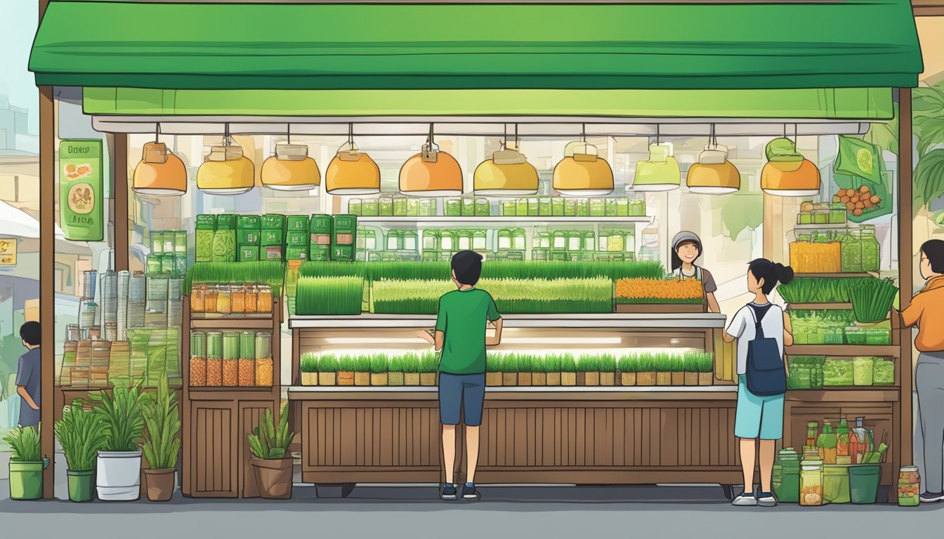 A bustling market stall with vibrant signage advertising "Wheatgrass Juice" in Singapore. Customers eagerly line up to purchase the healthy green drink