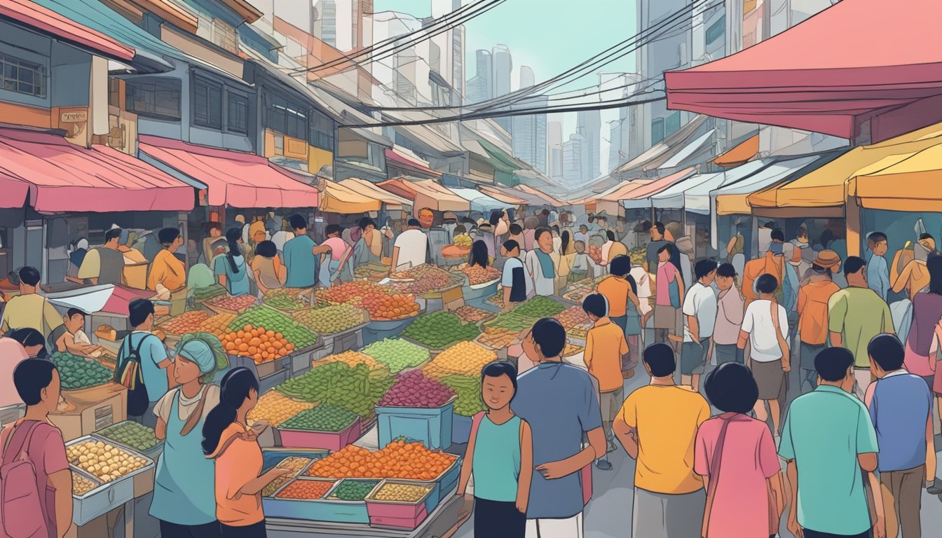 A bustling Singapore market, with vendors selling colorful muah chee, surrounded by curious onlookers