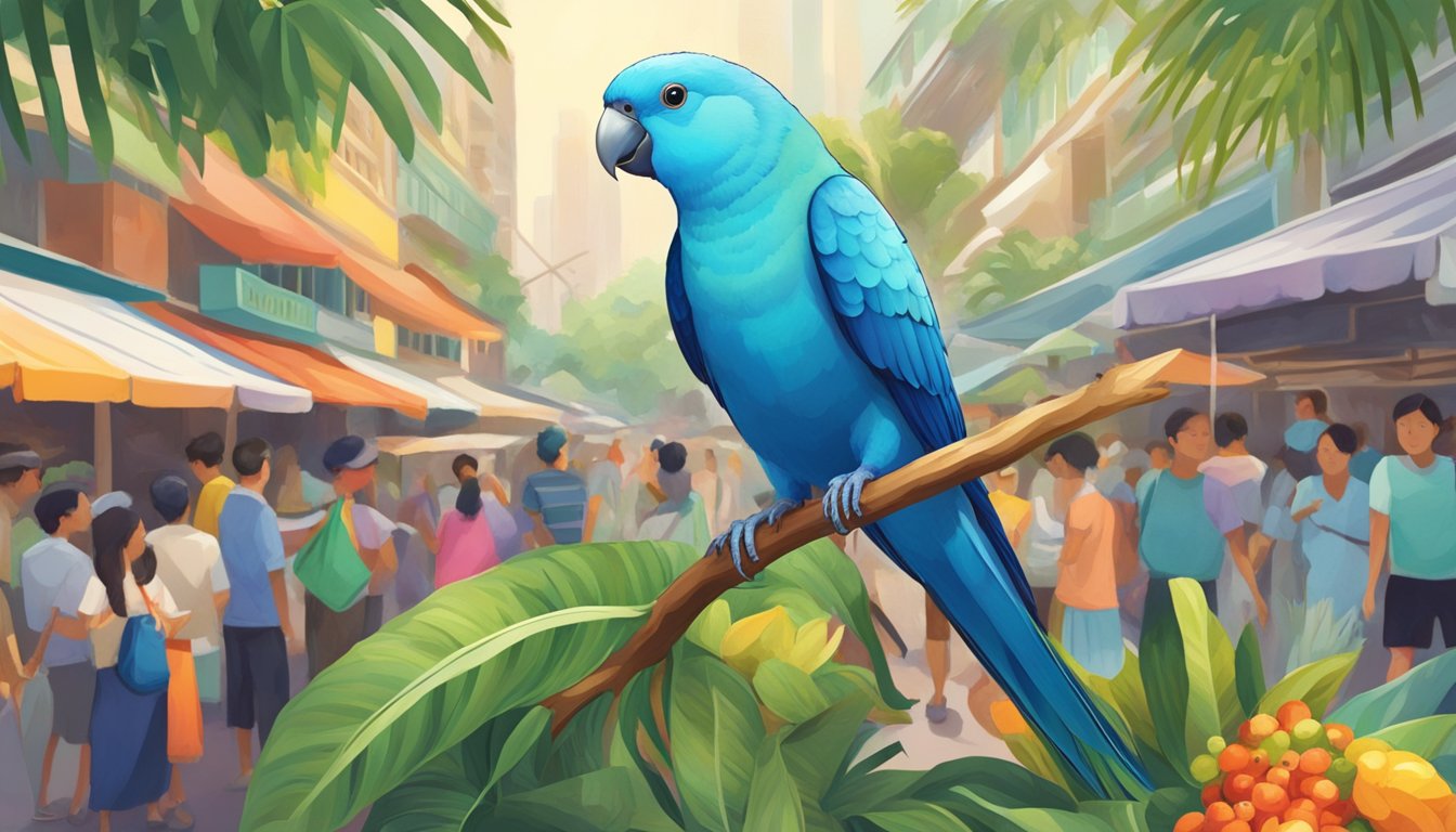 A colorful parrotlet perched on a branch in a bustling Singapore market, surrounded by curious onlookers and vibrant tropical foliage
