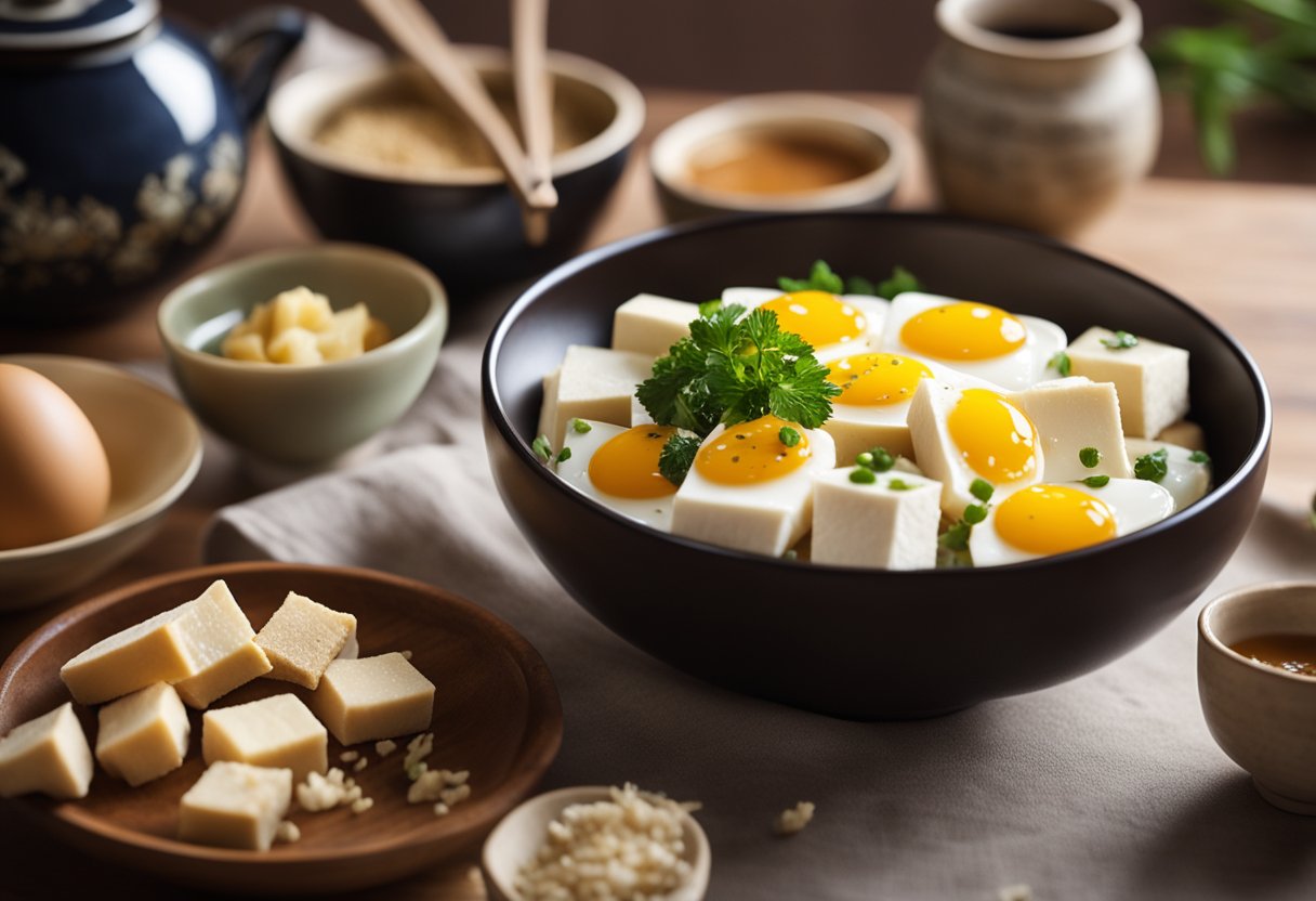 A bowl of tofu and eggs sits on a kitchen counter, surrounded by Chinese cooking ingredients