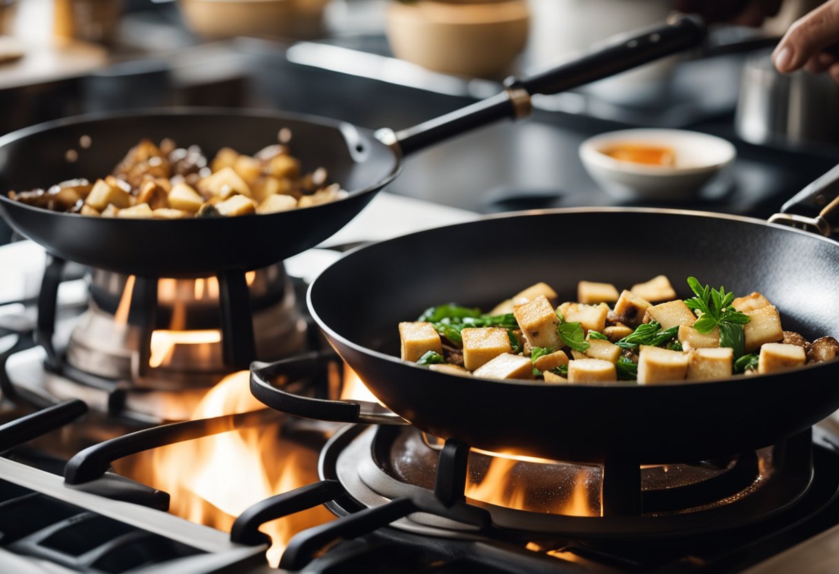 A wok sizzles as tofu and mushrooms cook in a fragrant blend of Chinese seasonings, including soy sauce, ginger, and garlic