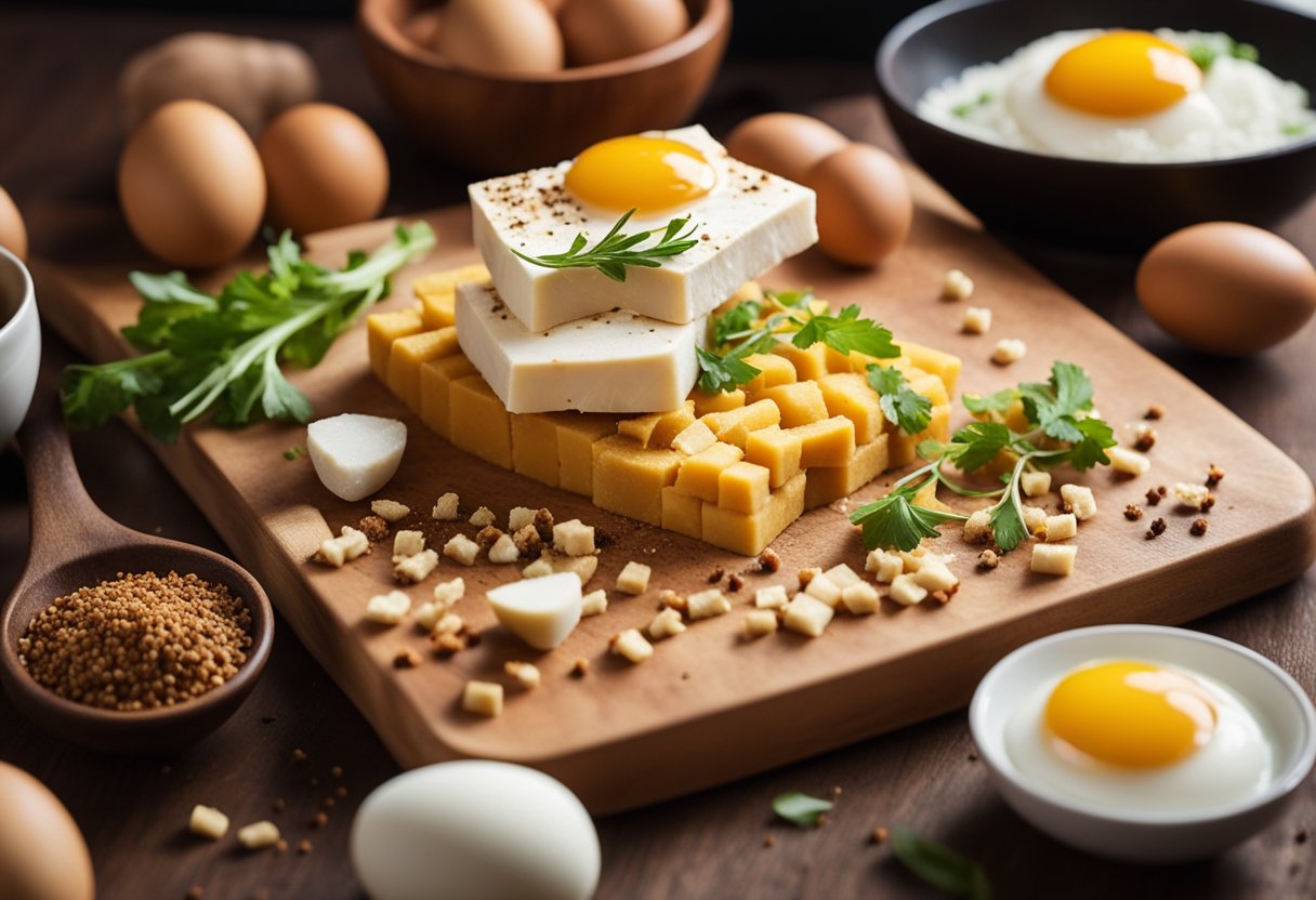 Tofu and eggs being chopped and seasoned with Chinese spices on a cutting board