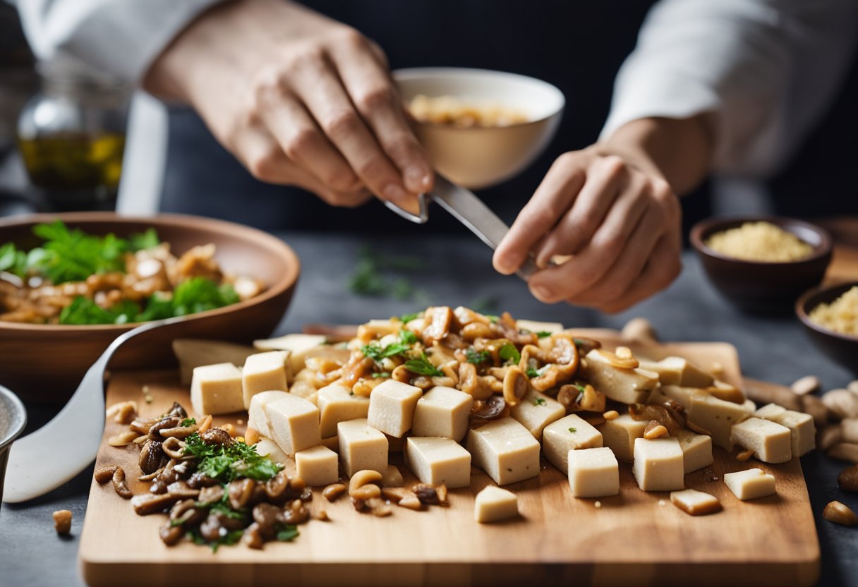 Tofu and mushrooms being sliced and marinated in a Chinese sauce, with a variety of spices and herbs laid out on a cutting board