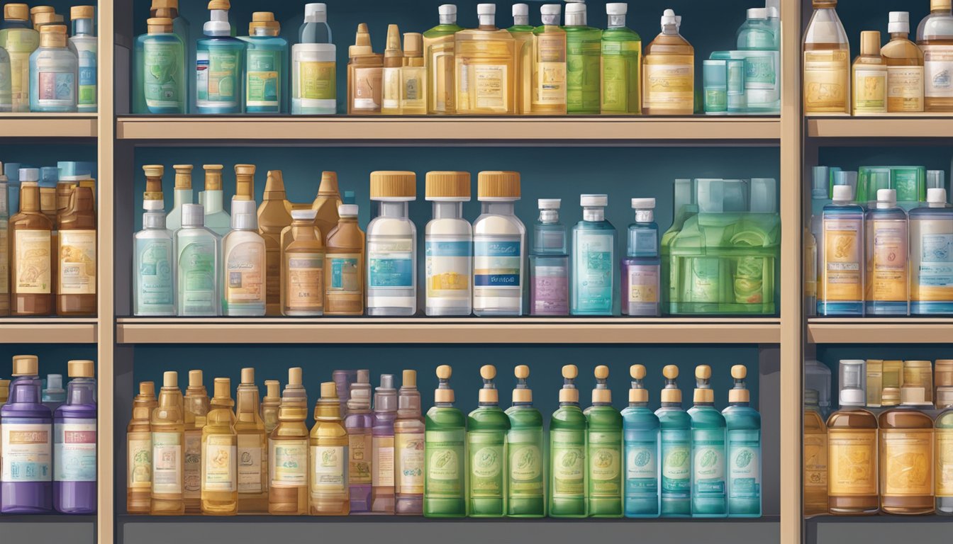 A pharmacy shelf displays rubbing alcohol bottles in Singapore