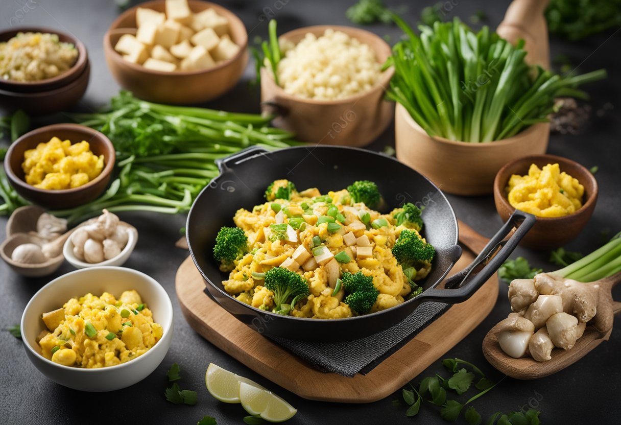 A sizzling wok with diced tofu and scrambled eggs, surrounded by vibrant green scallions and aromatic ginger and garlic