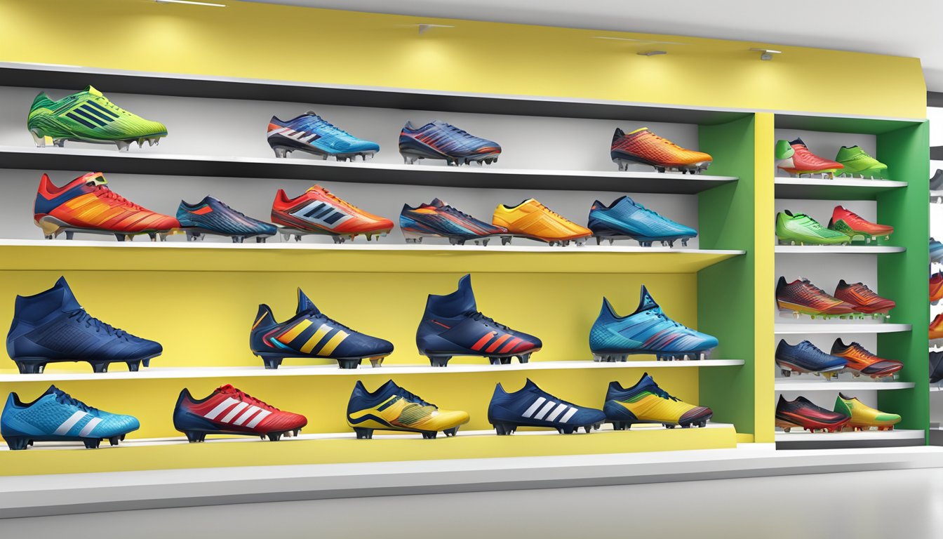 A sports store display showcases a variety of rugby boots in Singapore, with colorful designs and sturdy construction