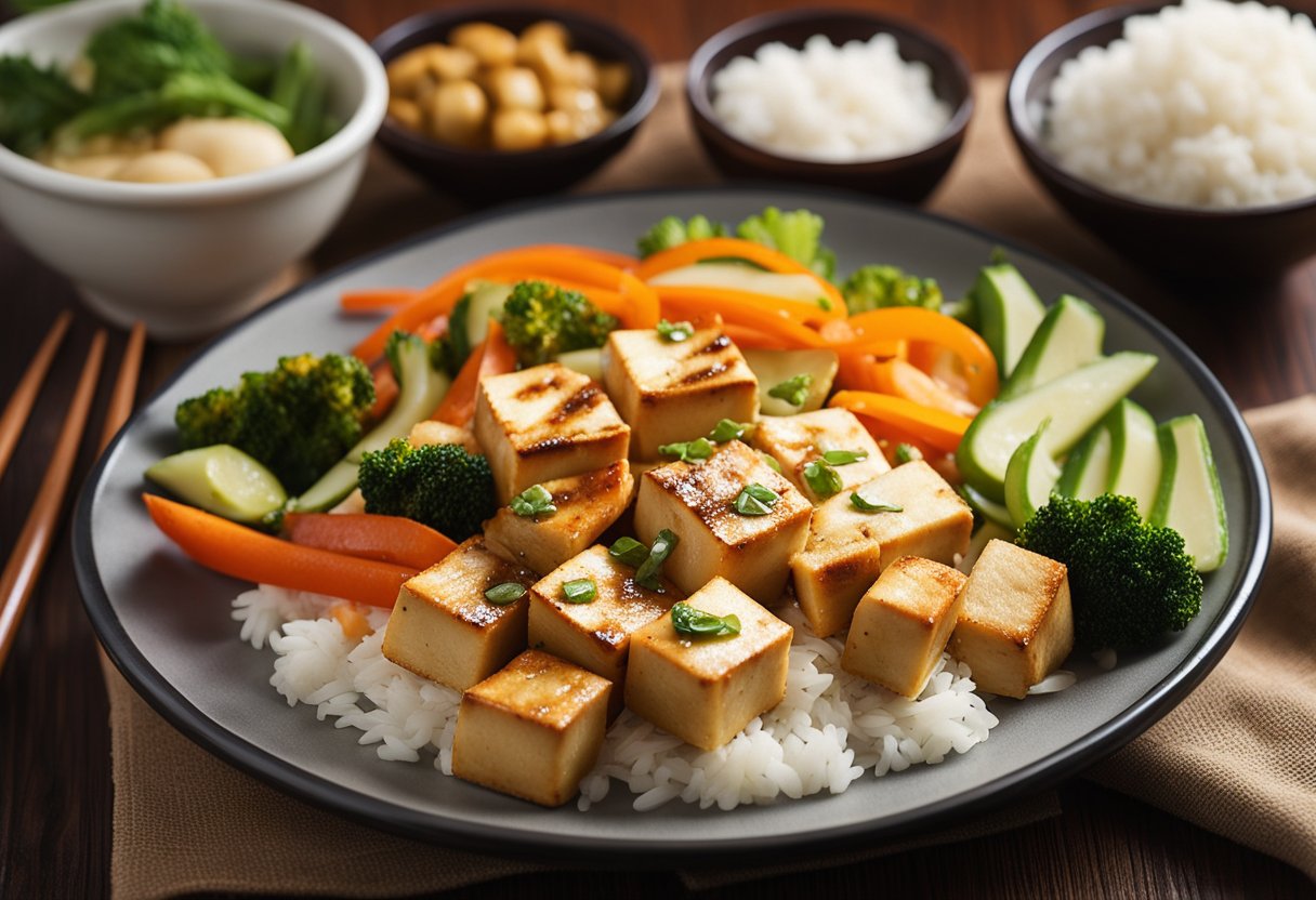 A plate of tofu and egg stir-fry with Chinese seasonings, served with steamed rice and a side of pickled vegetables