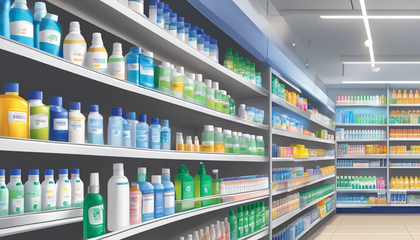 Shelves stocked with rubbing alcohol bottles in a Singaporean pharmacy. Brightly lit, organized display with various sizes and brands available for purchase