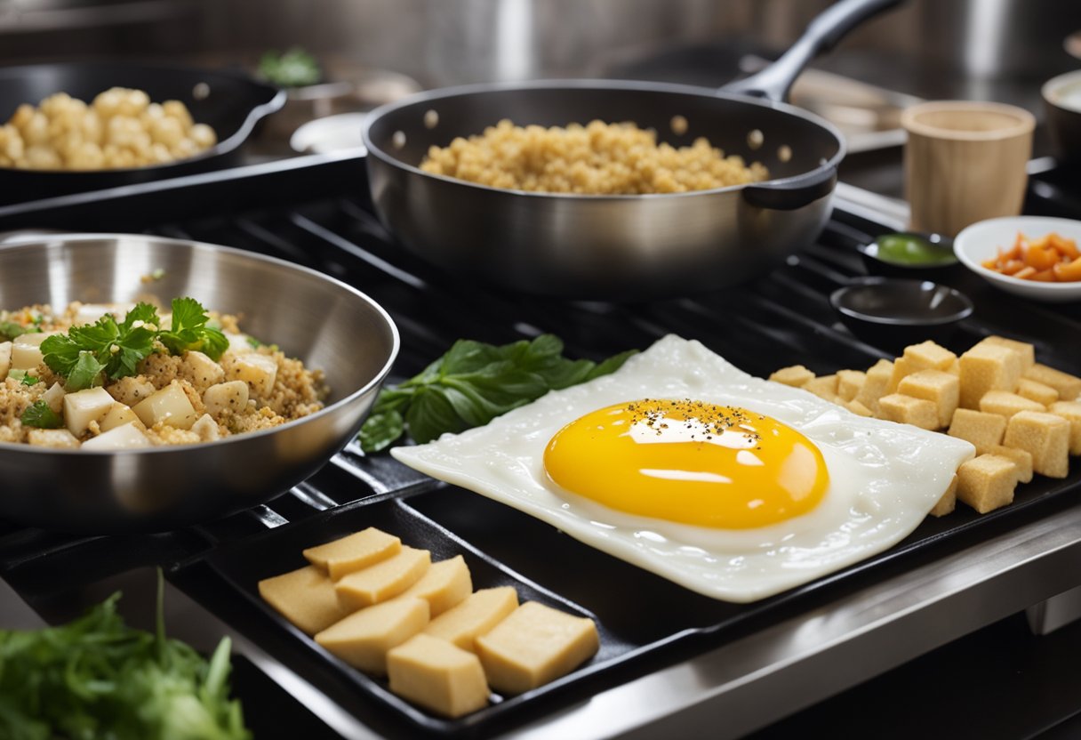 A wok sizzles with tofu and eggs, as a chef adds traditional Chinese seasonings. A stack of recipe cards sits nearby