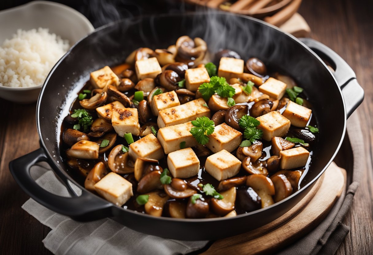 Sizzling tofu and mushrooms in a wok, surrounded by traditional Chinese ingredients like soy sauce, ginger, and garlic. Aromatic steam rises from the pan